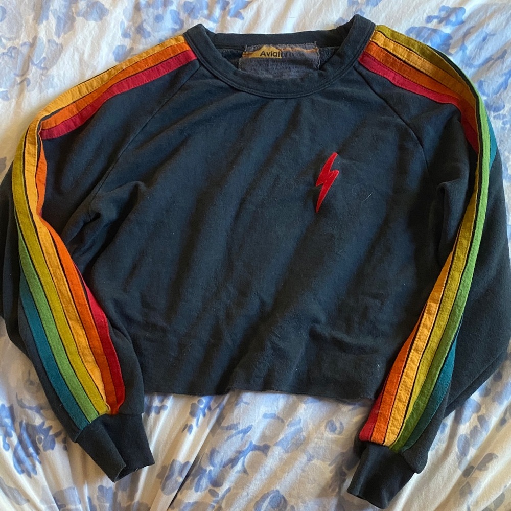 Aviator Nation Black Rainbow Stripe Top